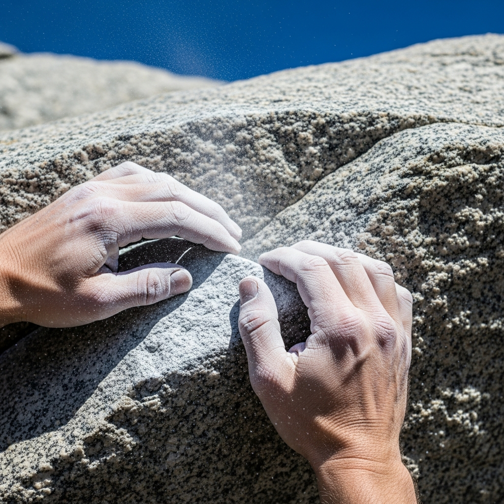 Rock climber hands on granite