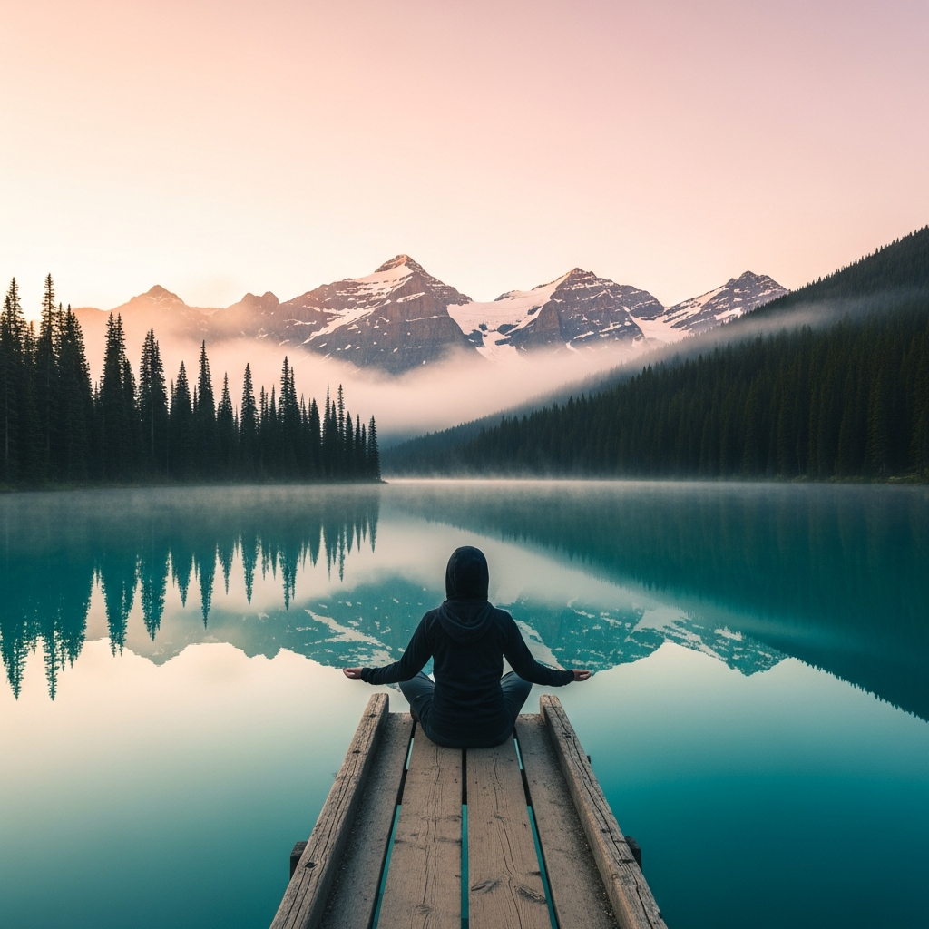 Sunrise on a mountain lake dock