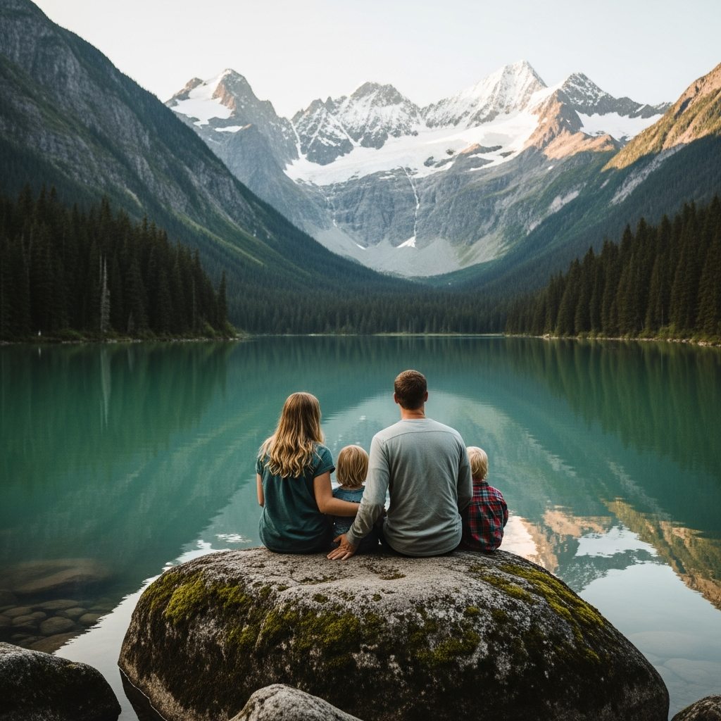 Family at glacial lake looking at mountains