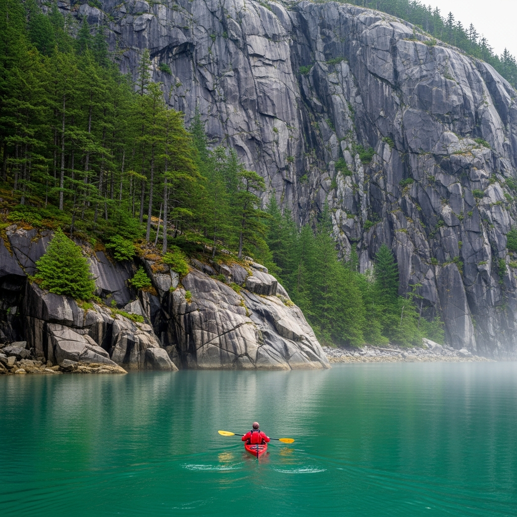 Kayaker on a teal glacial inlet