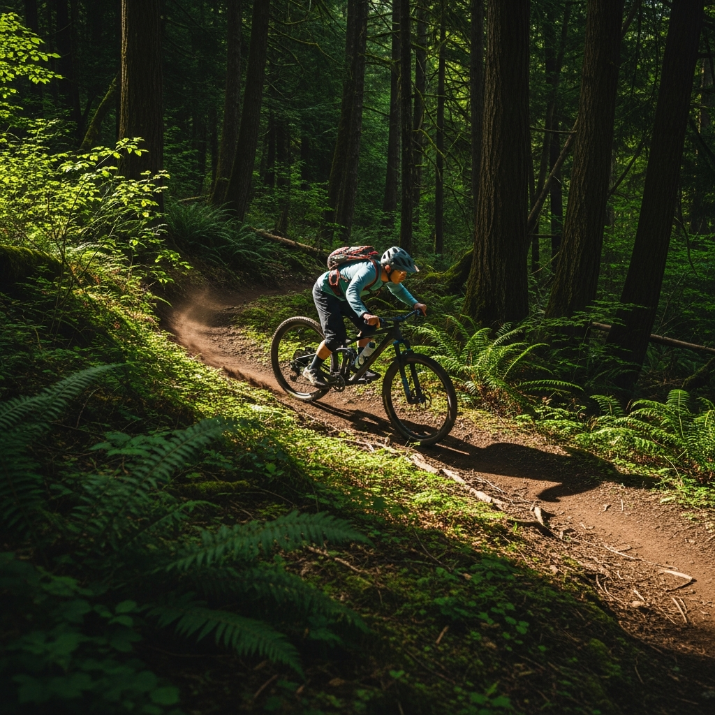 Mountain biker in Pacific Northwest forest