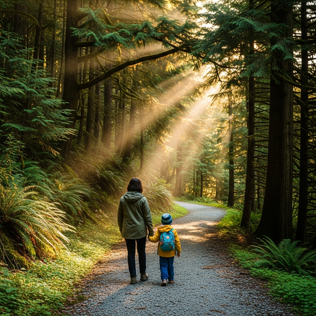 Parent and child walking in old-growth forest