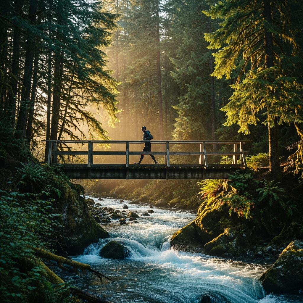 Trail runner in coastal forest